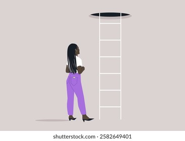 A character stands in contemplation beneath a ladder that extends upward to a dark opening, symbolizing exploration, adventure, and the allure of the unknown