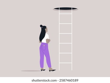 A character stands in contemplation beneath a ladder that extends upward to a dark opening, symbolizing exploration, adventure, and the allure of the unknown