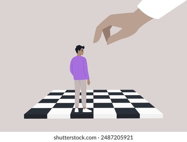 A character stands on a chessboard, facing a large hand that hovers above them, The fingers are outstretched, as if ready to make a move, leaving their fate uncertain