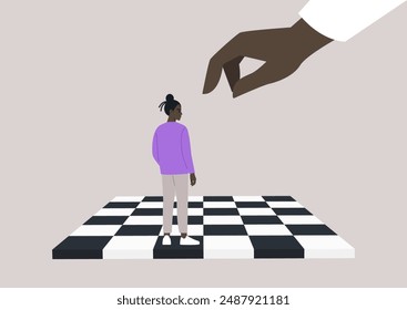 A character stands on a chessboard, facing a large hand that hovers above them, The fingers are outstretched, as if ready to make a move, leaving their fate uncertain