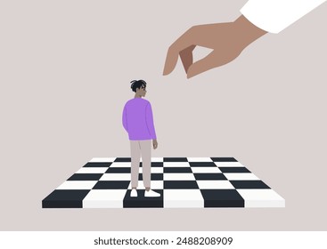 A character stands on a chessboard, facing a large hand that hovers above them, The fingers are outstretched, as if ready to make a move, leaving their fate uncertain