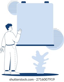 Um personagem fica de pé e aponta para um quadro em branco enquanto ensina ou explica. O cenário é simples com uma planta nas proximidades. A ilustração usa tons azuis para destacar a cena.