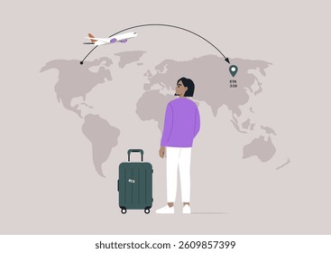 A character stands with a suitcase, gazing at a flight path on a world map as a plane flies overhead, symbolizing global travel and anticipation of exploration