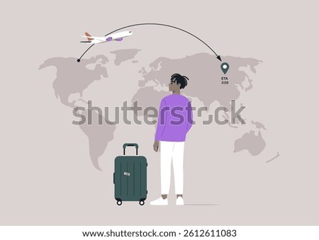 A character stands with a suitcase, gazing at a flight path on a world map as a plane flies overhead, symbolizing global travel and anticipation of exploration