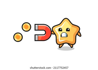 the character of star hold a magnet to catch the gold coins , cute style design for t shirt, sticker, logo element