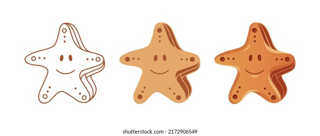 Character Starfish. Cute Starfish Of 3 Types: Outline, Color, With Color Stretch And Glare. Vector Illustration. Starfish Sketch.