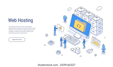 Personaje que permanece cerca del panel de control y administra archivos y datos en el servidor web en la nube. Servicio de alojamiento web con concepto de tecnología de ciberseguridad. Esquema isométrico. Línea 3d vector.