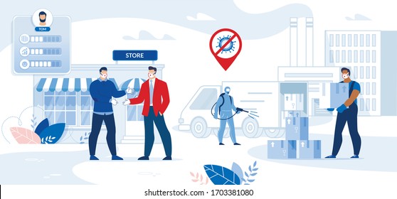 Character Store Work in Covid19 Outbreak Observation Condition. People in Face Mask Rubber Glove Handshaking Make Deal. Man in Protective Clothes Disinfecting Delivery Truck. Courier Carrying Parcel