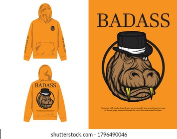 Character Street Wear Hoodie. 
Hippopotamus With Fedora Hat, Badass