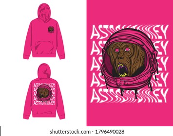 Character Street Wear Hoodie. Monkey Astronaut, Pink Helmet