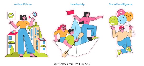 Character Strengths set. An activist championing causes, a guide leading with confidence, and a person interpreting emotions. Civic engagement and social skills. Vector illustration