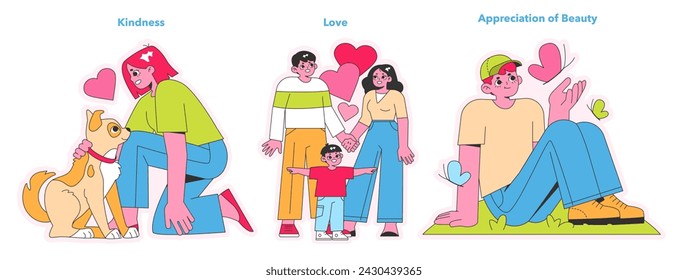 Character Strengths set. Acts of kindness to animals, familial love, and admiration of nature's beauty. Scenes of compassion, affection, and aesthetic enjoyment. Vector illustration.