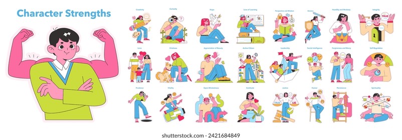 Character Strengths set. Diverse individuals embodying virtues like creativity, love, leadership. Expressive scenes of personal growth and positive traits. Vector illustration.