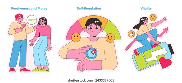 Character Strengths set. Harmonious apologies, conscious self-management, and energetic progression captured. Expressions of reconciliation, control, and enthusiasm. Vector illustration.