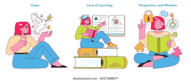 Character Strengths trio. Visions of hope, academic zeal, and enlightened wisdom depicted in vibrant hues. Portraits of optimism, education, and insight. Vector illustration.