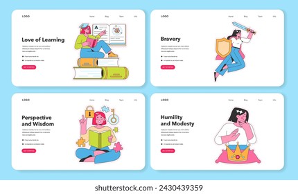 Character Strengths web layouts. Vivid illustrations of scholarly passion, courageous action, enlightened thought, and gentle humility. Vector illustration.