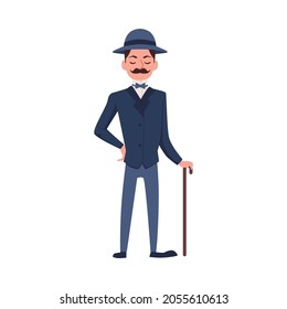 A character of strict english aristocrat. A victorian gallant dandy, a gentleman in an elegant blue suit, hat and carrying a cane. Flat cartoon vector isolated illustration