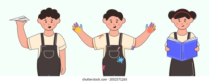 Character Of Student Children With Paper Plane, Book On Background.