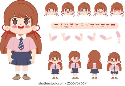 Character student girl creation design for Animation cartoon flat design. illustration vector premium.