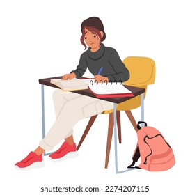 Character. Student Girl Seated At Desk with Papers, Diligently Reading Textbook or Academic Educational Materials, Concept of Back to School or University. Cartoon People Vector Illustration