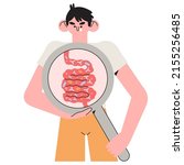 Character study gastrointestinal tract and digestive system isolated flat vector illustration. Cartoon man look at gut microorganisms. Probiotic therapy, prebiotic, lactobacillus in organism.