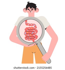 Character study gastrointestinal tract and digestive system isolated flat vector illustration. Cartoon man look at gut microorganisms. Probiotic therapy, prebiotic, lactobacillus in organism.