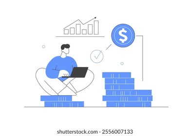 Character studying finance in business school or courses. Male learning how to manage finances. Financial and business education. Flat Cartoon Vector Illustration, icon. Stylish abstract