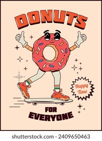 Character style food poster for cafes and fast food restaurants in retro style. Vector stock illustration. Isolated. Design in groovy style. Donut on a skateboard with a face. Mascot branding.