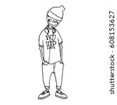 Character in the style of hip-hop. Cool smiling rapper. The concept of street style. Sketch. It can be used as posters, printed materials, videos, mobile apps, web sites and print projects.