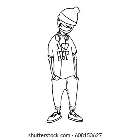 Character in the style of hip-hop. Cool smiling rapper. The concept of street style. Sketch. It can be used as posters, printed materials, videos, mobile apps, web sites and print projects.