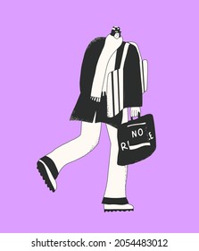 The character is a stylish street influencer. The black and white man is in a hurry. Book and magazine illustration. New York and London style poster and cover. Elegant hand drawn.Fashion illustration