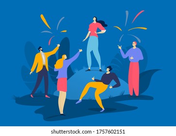 Character success female male, group people together congratulate best prosperous person isolated on blue, flat vector illustration. Compliment colleague to best worker, salute successful deal.