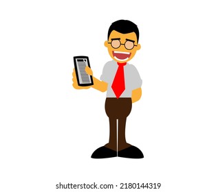 character of successful workers with online business. Little man holding cell phone paper with plan list. Flat vector illustration isolated on a white background