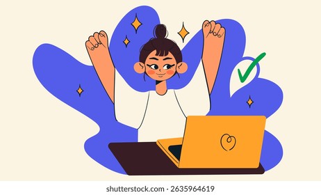 O caractere concluiu o projeto de trabalho com êxito. Conceito de trabalho de negócios. ilustração de vetor isolado de desenho animado.