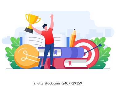 Character successfully completing course, seminar, tutorial, diploma, academic, exam and getting a trophy, University or college test, Prize and appreciation concept, Education, graduation 