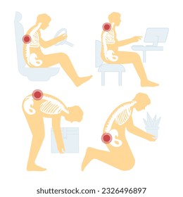 Carácter que sufre de dolor de espalda. Dolor en los músculos de la espalda, postura sentada equivocada, elevación incorrecta del peso. Daño de espalda o de columna vertebral, dolor de espalda. Ilustración vectorial plana