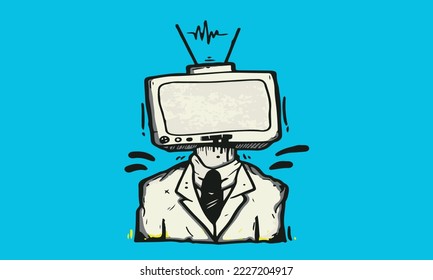 A character in a suit who has a TV instead of a head, a metaphor for lying propaganda, a symbol of fake news.