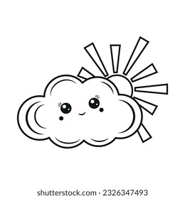 El carácter del sol detrás de una nube kawaii de estilo doodle, contorno negro, vector aislado