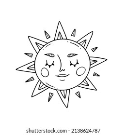 El carácter del sol con una cara en el estilo del doodle de línea. Ilustración vectorial.