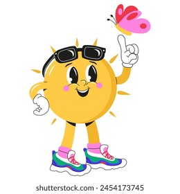 Character Sun with a face, wearing stylish sneakers and a butterfly on his finger. The Sun in a cartoon style with glasses. Sticker, poster, print, design templates. Hand drawn vector illustration