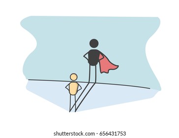 Character with a super hero shadow representing success in life, preserverance, courage, promotion at work. Vector illustration