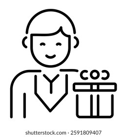 Character with a surprise box, line icon