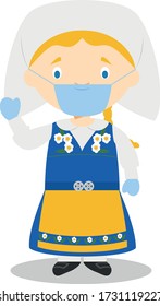 Character from Sweden dressed in the traditional way and with surgical mask and latex gloves as protection against a health emergency