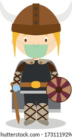 Character from Sweden, Norway or Scandinavia. Viking boy dressed in the traditional way and with surgical mask and latex gloves as protection against a health emergency