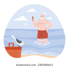 Character in a swimshorts spending time on the beach. Retired man on his summer vacation. Old man with a icecream. Flat vector illustration