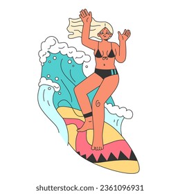 Character in a swimsuit spending time on the beach. Female surfer standing on a surfboard, surfing in sea or ocean. Popular extreme sport, recreation or activity. Flat vector illustration