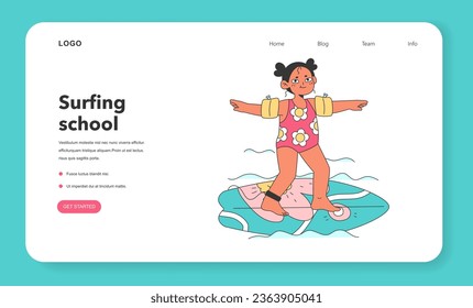 Character in a swimsuit spending time on the beach web banner or landing page. Little girl standing on the surfboard, learning to surf in sea or ocean. Flat vector illustration