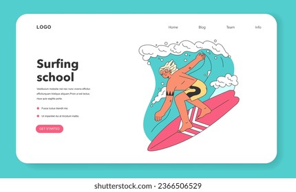 Character in a swimsuit spending time on the beach. Male surfer standing on a surfboard, surfing in sea or ocean. Popular extreme sport, recreation or activity. Flat vector illustration