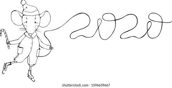 Character Symbol of the Chinese New Year 2020. Rat. A cute mouse in overalls and in a Santa hat is skating. Hand draw. Vector illustration isolated on white banner, postcard concept. EPS