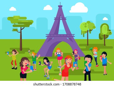 Character take selfie eiffel tower, modern social network flat vector illustration. Travel recreation paris city, european country tourist attractions. Journey visitor elysian field.
